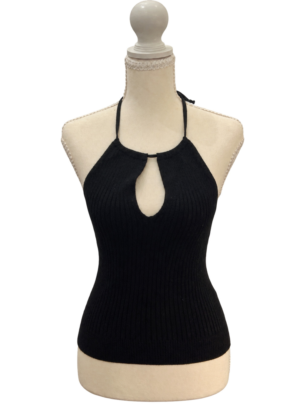 J.Crew Y2K Black Ribbed Knit Halter Top Keyhole Open Back Tie Neck XS